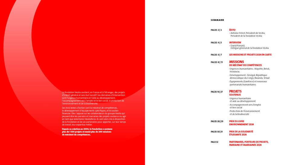 Fondation Veolia - Rapport d'activité 2024, sommaire