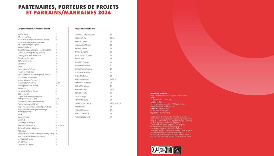 Fondation Veolia - Rapport annuel 2024, Partenaires, porteurs de projets et parrains marraines